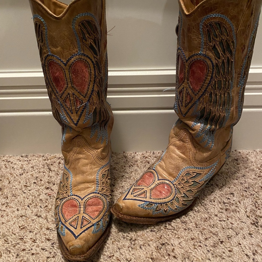 Tan and Blue Embroidered Cowboy Boots